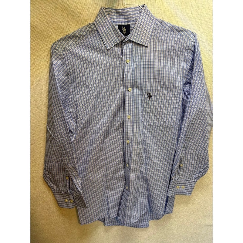 US Polo Assn Mens Blue White‎ Plaid Regular Fit Button Down Shirt 16 32/33 L